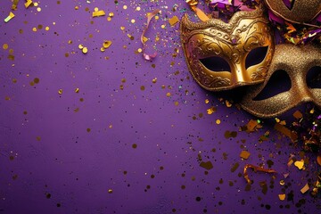 A Mardi Gras party banner design typically includes golden carnival masks and tinsel, symbolizing the festive atmosphere of the Venice carnival and masquerade