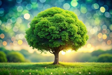 Lush Green Tree in Park with Beautiful Bokeh Sky Background - Nature Stock Photo