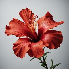 "A vivid red hibiscus with fully open petals, placed against a high-key white surface."