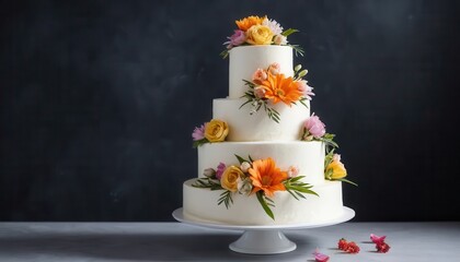 Elegant floral wedding cake event venue food photography indoor setting close-up celebration concept