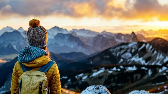 Awe-Inspiring Vista: A woman stands gazing at a stunning vista of majestic mountains at sunrise, backpack in tow, embodying a spirit of adventure and the sublime beauty of nature.