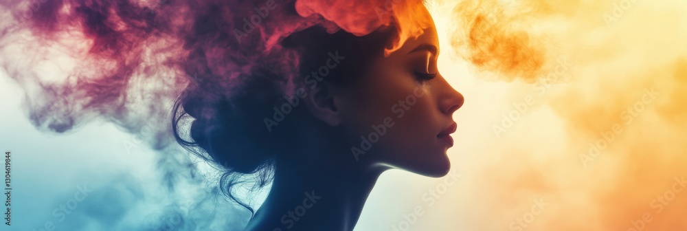 Poster womans profile surrounded by colorful smoke in artistic display during a creative art session. gener