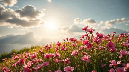 Prairie avec de nombreuses fleurs au printemps, par une journée ensoleillée. Paysage naturel en début d'été
