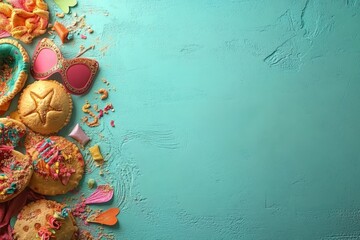 The Purim celebration concept is visually represented by a flat lay composition including hamantaschen cookies, masks, noisemakers, and a variety of festive decorations positioned on a blue