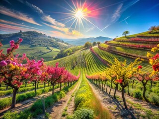Lush Portuguese Spring Vineyard Landscape: Rolling Hills, Grapevines & Sunlight