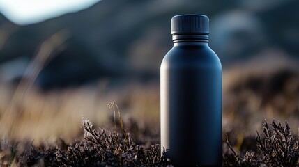 A sleek, matte black water bottle, its minimalist design exuding confidence and professionalism, rests against a deep, dark backdrop, ready to capture attention and promote your brand.
