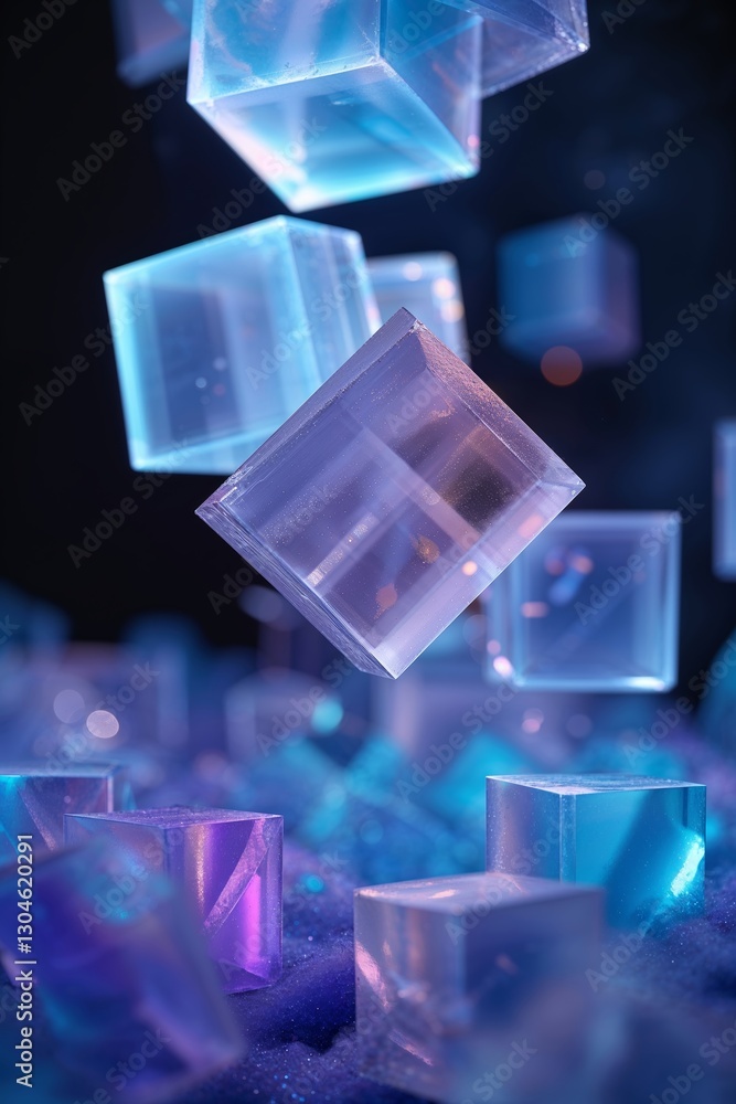 Poster floating translucent cubes in vibrant colors create a mesmerizing visual display in a dark space