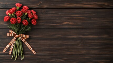 Fototapeta premium Bouquet of red roses tied with a ribbon on dark wooden surface for special occasions and celebrations