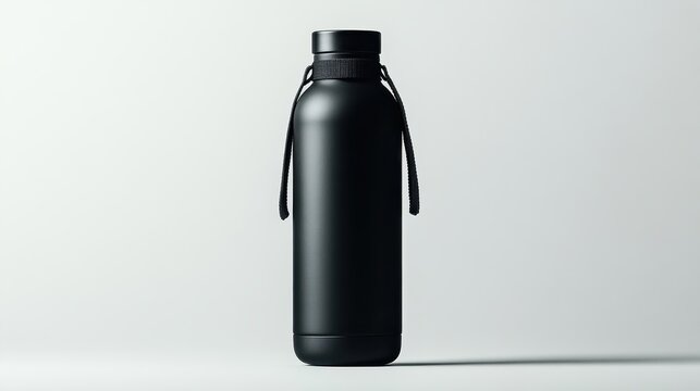 A sleek black water bottle, its minimalist design accentuated by a white cap and a sturdy strap, rests against a stark white background, a testament to its simple elegance.