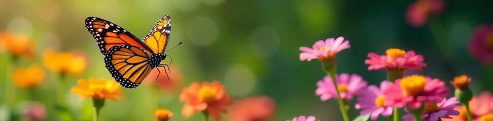 Obraz premium Close-up shot of monarch butterfly mid-flight over colorful flowers, flying, flowers