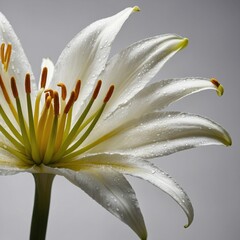 "A macro capture of a single white lily with golden pollen details against a bright background."