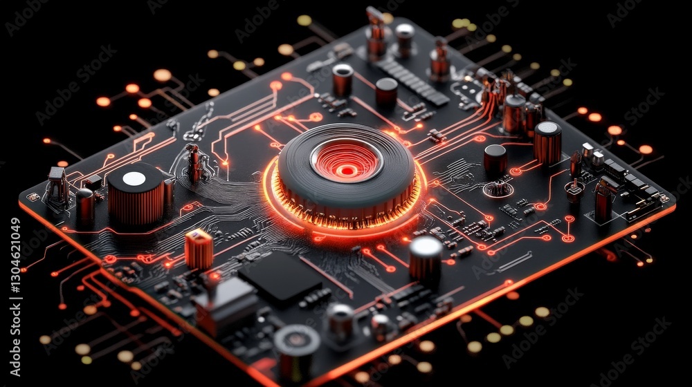 Poster futuristic circuit board with glowing elements and high-tech design