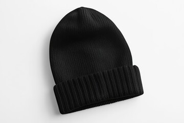 A chic black beanie hat on a pristine white background for stylish fashion promotions and modern apparel showcase concepts