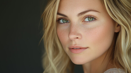 Obraz premium beautiful blonde woman with green eyes, clear smooth skin --ar 16:9 --style raw --stylize 200 --v 6.1 Job ID: 05547e1a-9a24-464c-b79e-444b616d18eb
