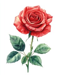 Single red rose with green leaves and stem on white background.