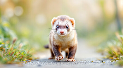 Adorable Ferret on a Pathway in Nature: Curious Wildlife in its Natural Habitat. National Ferret Day.