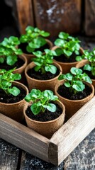 Small potted plants arranged in a wooden tray showcasing vibrant green leaves and rich soil in a cozy indoor setting