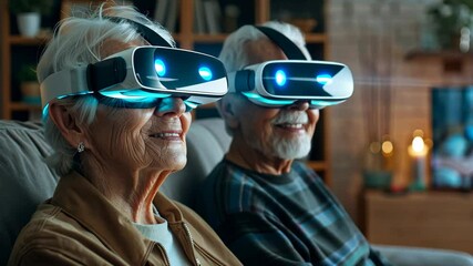 Future is Now: Elderly couple immersed in the virtual world using VR headsets, experiencing digital immersion in their living room, enhanced technology & futuristic technology - Powered by Adobe