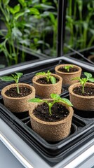 Young green plants growing in biodegradable pots under indoor garden lights in a climate-controlled environment