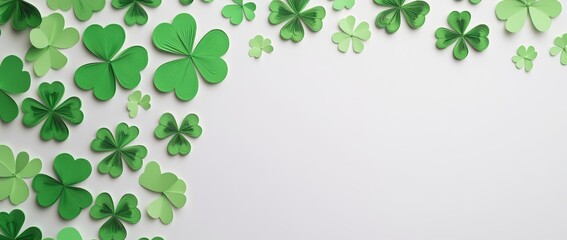 Paper quilling shamrocks on a white background are the focal point of a Happy St Patrick's Day banner design