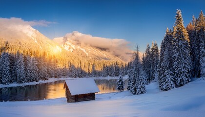 Snow-covered alpine valley at sunrise, golden light reflecting on icy lakes, with a cozy wooden cabin nestled amidst the tranquil winter landscape.
