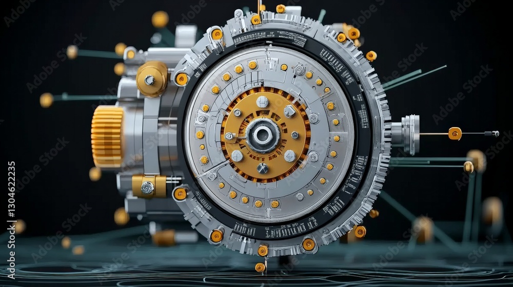 Poster intricate mechanical design with gears and circuits in 3d view