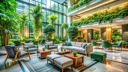 Fototapeta premium Luxurious Hotel Lobby with Garden View: Elegant Seating & Lush Greenery