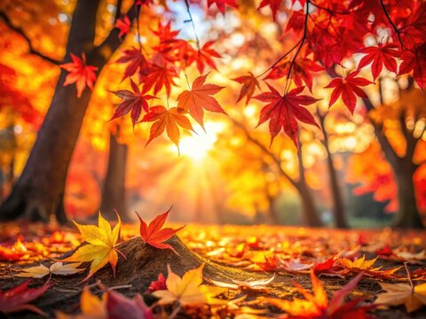 Panoramic Autumn Maple Leaves Photography: Stunning Fall Foliage Scenery, Vibrant Red Orange Yellow Maple Leaf Background