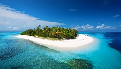 Fototapeta premium Secluded island with pristine white sandy beaches, surrounded by vibrant blue ocean, soft waves lapping the shore, offering a peaceful, tropical escape in paradise. 