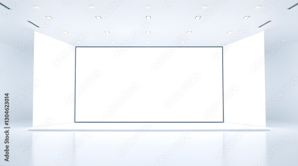 Poster a large empty room with a single, large rectangular frame on the wall. The room has a minimalist, modern design with smooth, white surfaces and bright lighting.