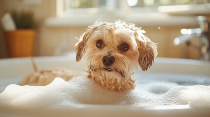 A pampered pooch basks in a frothy bath, surrounded by the gentle scent of lavender and the loving gaze of its human groomer, bathed in the warm glow of a sunny bathroom.