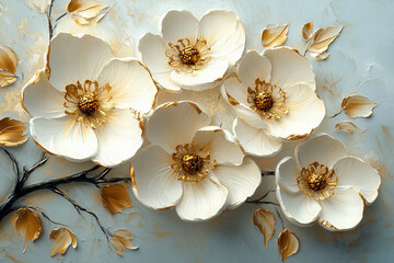 White Floral Design with Gold Accents on Pale Blue Background Illustrating Delicate Petals and Branching Foliage