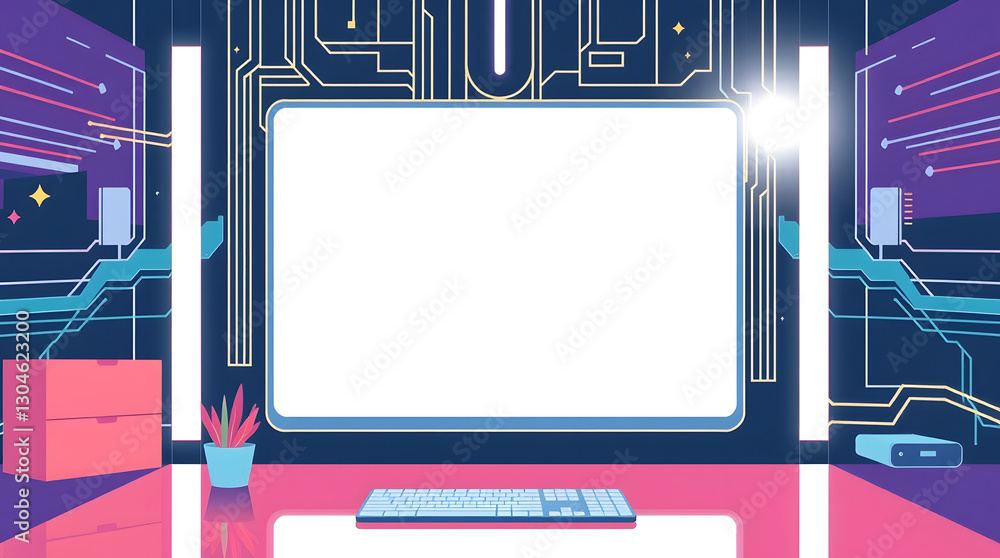 Poster an innovative computer workstation with a blank screen, ready for your digital content