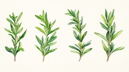 Obraz premium Detailed botanical study of rosemary sprigs in traditional watercolor style, showing both top and underside of leaves, multiple angles and growth stages, rich emerald green hues with subtle blue