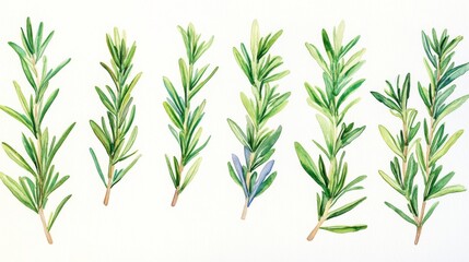 Fototapeta premium Detailed botanical study of rosemary sprigs in traditional watercolor style, showing both top and underside of leaves, multiple angles and growth stages, rich emerald green hues with subtle blue