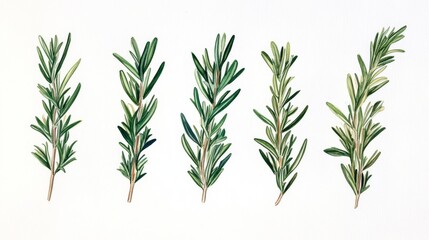 Fototapeta premium Detailed botanical study of rosemary sprigs in traditional watercolor style, showing both top and underside of leaves, multiple angles and growth stages, rich emerald green hues with subtle blue