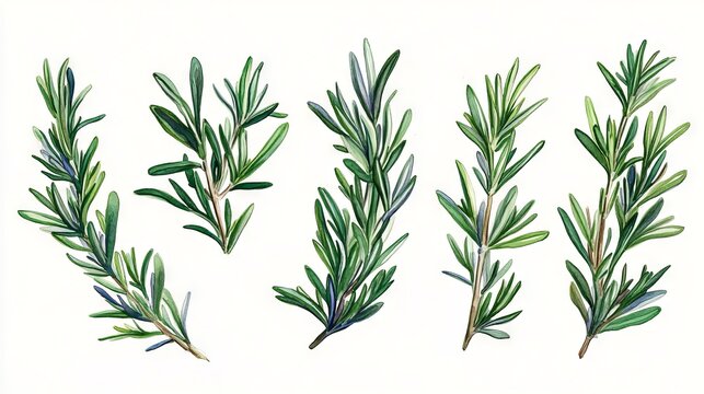 Detailed botanical study of rosemary sprigs in traditional watercolor style, showing both top and underside of leaves, multiple angles and growth stages, rich emerald green hues with subtle blue