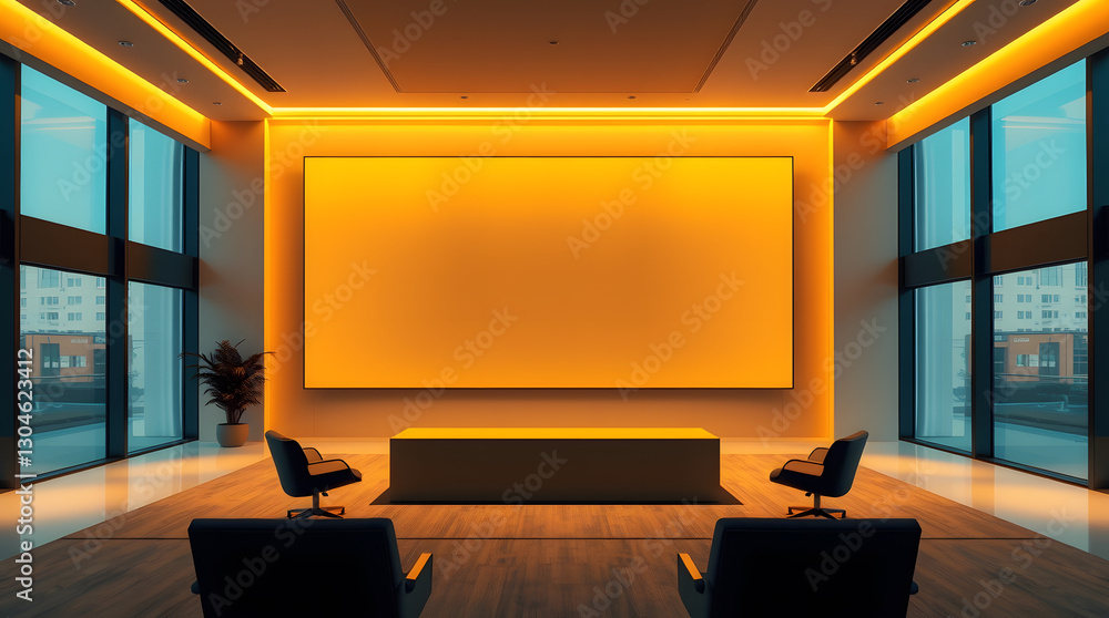 Poster an empty modern boardroom with a large screen, ready for a presentation or meeting, featuring large 