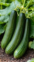 Freshly harvested zucchinis displayed in a garden, showcasing vibrant green color and healthy growth patterns in bright sunlight