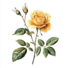 Obraz premium Single yellow rose with buds and leaves.