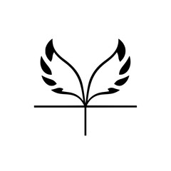 Minimalist black and white illustration of stylized plant with leaves spreading outward.