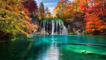 Majestic waterfall cascading into an emerald lake, framed by vibrant autumn foliage. The scene captures the beauty of nature’s transition, with colorful leaves reflecting in the tranquil water.
