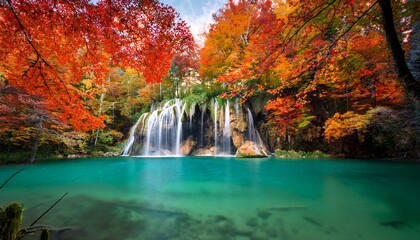 Majestic waterfall cascading into an emerald lake, framed by vibrant autumn foliage. The scene captures the beauty of nature’s transition, with colorful leaves reflecting in the tranquil water.
