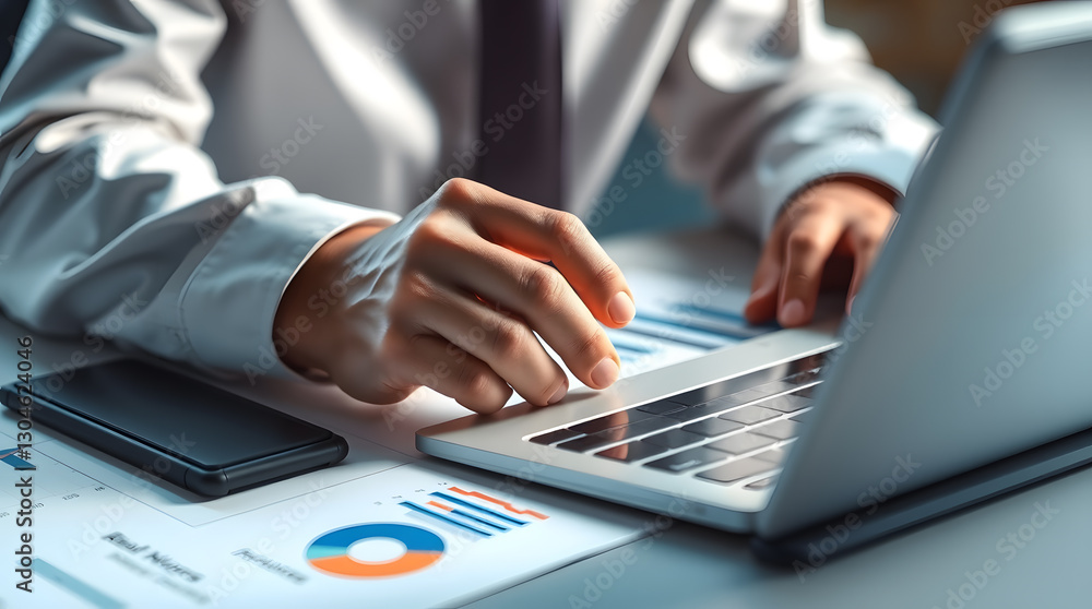 Aufkleber a close-up of a person working diligently on a laptop with financial documents spread across a desk