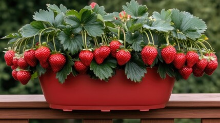 Fresh strawberries growing in a vibrant red planter on a wooden deck surrounded by lush greenery in warm afternoon light