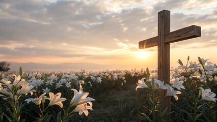 easter cross surrounded by blooming lilies at sunset, wooden cross and white lilies in scenic spring sunset landscape © Ahmed