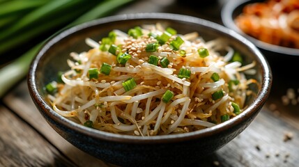 Sauteed bean sprouts, sesame seeds, rustic kitchen