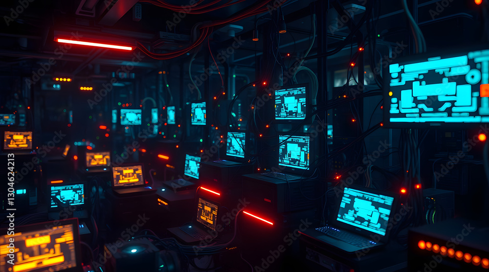 Poster a high-tech data center with rows of computer servers and monitors, with neon lights and a futuristic aesthetic
