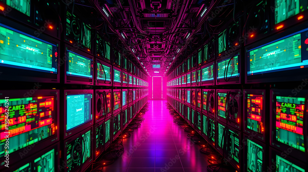 Poster a long hallway lined with rows of servers, each displaying different digital data, glowing neon lights in the server room, futuristic, technology, data storage, data center, server room.