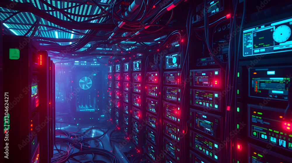 Poster illuminated data server room with rows of servers and cables, showcasing technology and data storage. The room is lit with neon lights